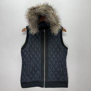 Eddie Bauer Quilted Down Puffer Vest Women Size M Black Faux Fur Hood Cabin Y2k